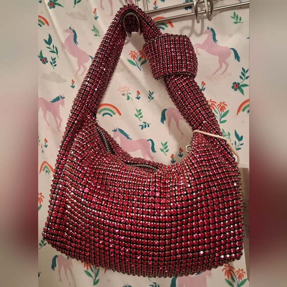 NWT Madison West Hot Pink Rhinestone Club Prom Knit Dumpling Purse Mini Bag - Picture 3 of 14